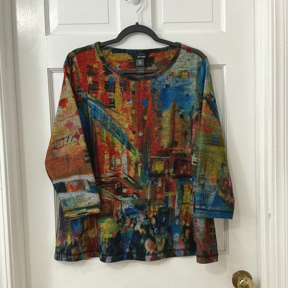Ali Miles Art to Wear Tunic Top PXL Multi Color Abstract Boho Travel Cozy